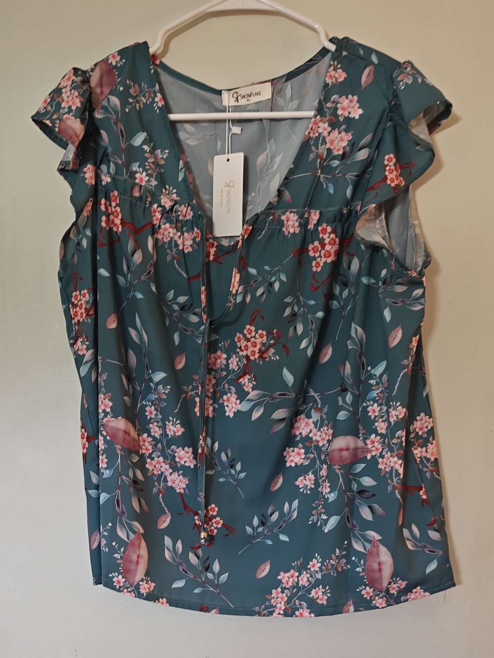 SnowFlake Floral Teal V-Neck Ruffle Sleeve Blouse, Size XL